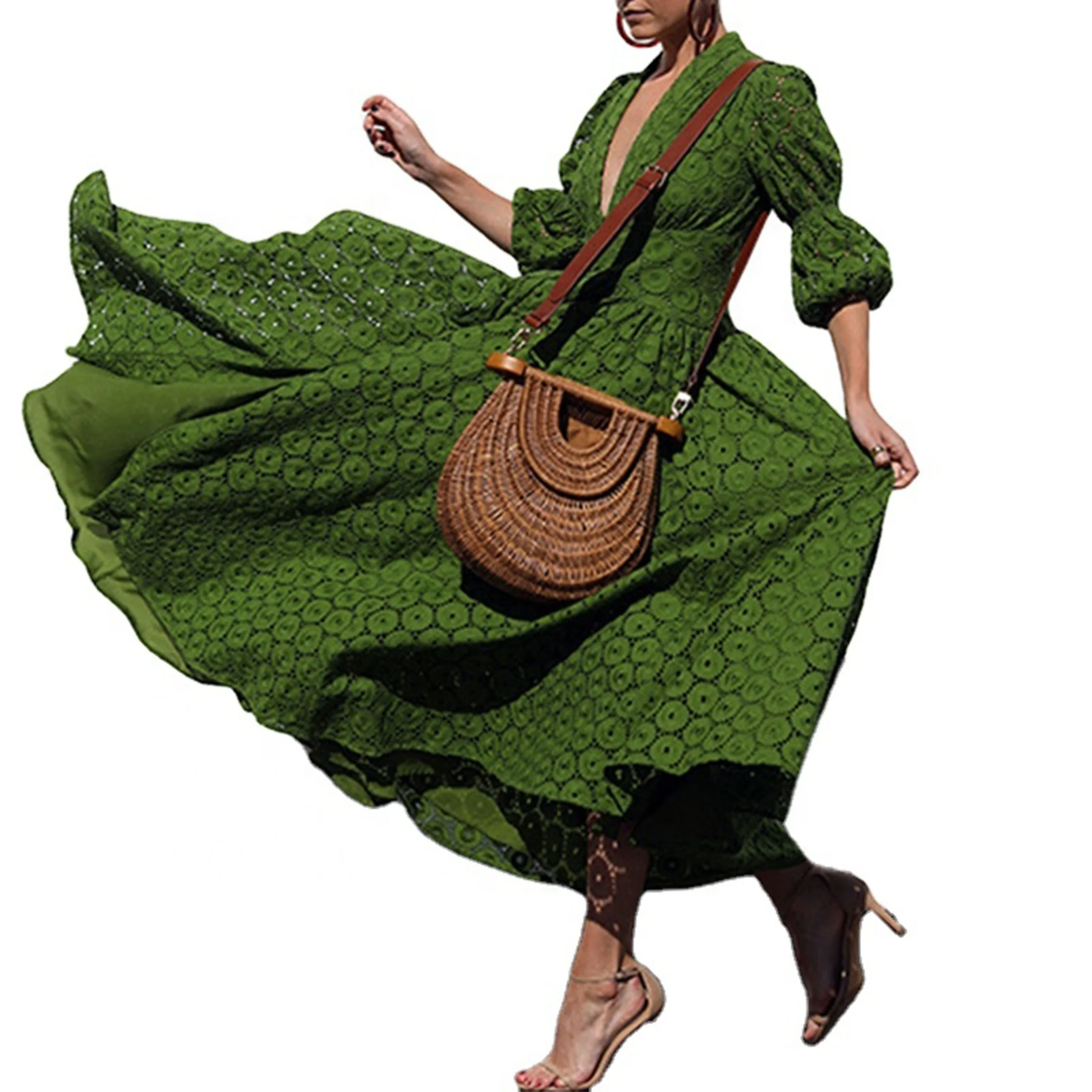 

TWOTWINSTYLE Women Dress Vintage Print V Neck Lantern Half Sleeve High Waist Ruched Dresses dresses women lady elegant