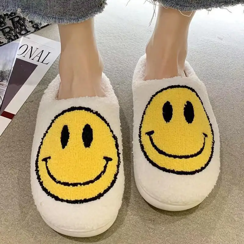 

Smiley face slippers Women sandals indoor bedroom furry designer fluffy house winter ladies happy kids fur home women slippers