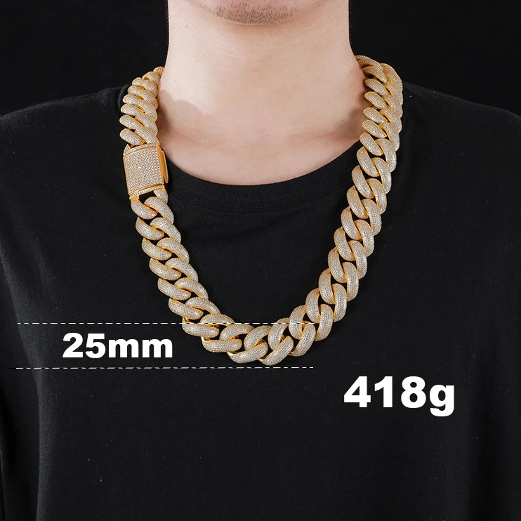 

Hip Hop Jewelry 25mm Luxury 14k 18k Gold Plated Brass CZ Zircon Diamond Heavy Iced Out Miami Cuban Link Chain Necklace For Men