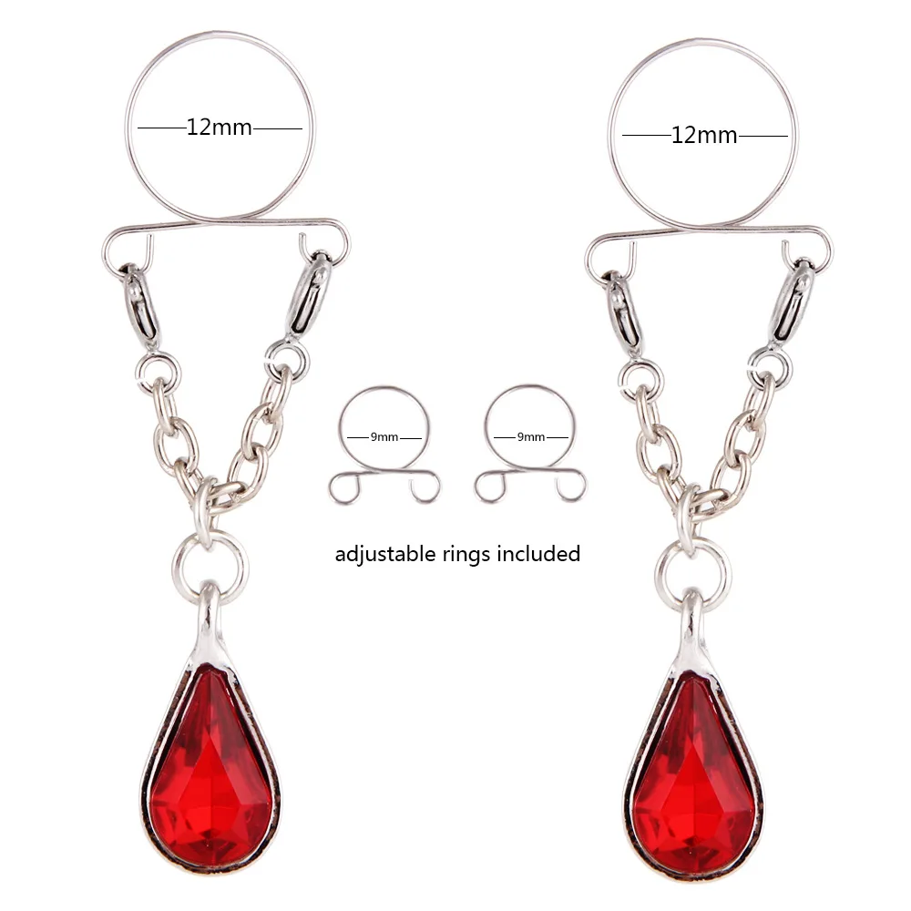 

Womens Adjustable 316L Stainless Steel Red Crystal Non Piercing Clip on Dangle Nipple Rings Body Jewelry, As photo