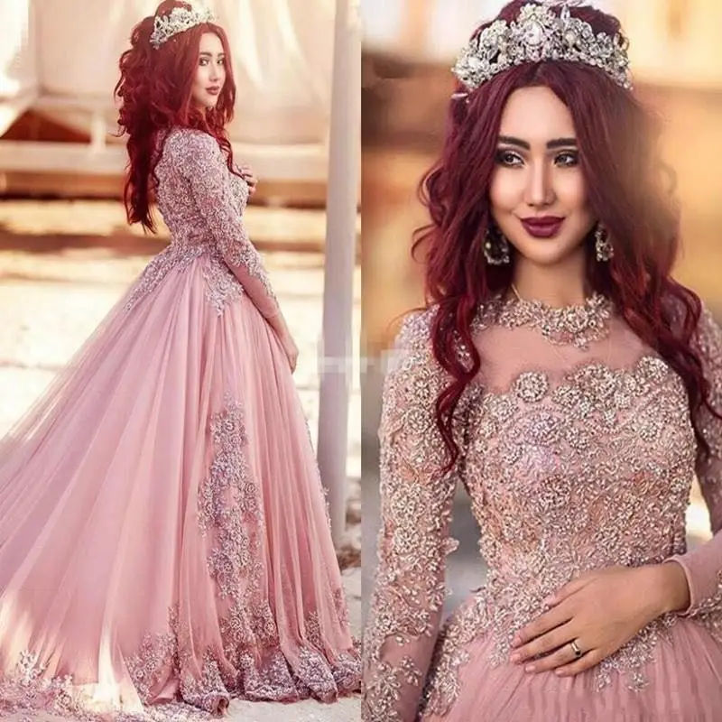 

Arabic Pink Prom Dresses Long Sleeves Lace Beading Evening Dresses Party Wear, Custom made