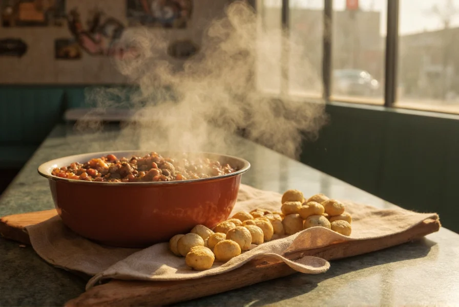 Vintage diner counter with steaming bowl of chili and oyster crackers