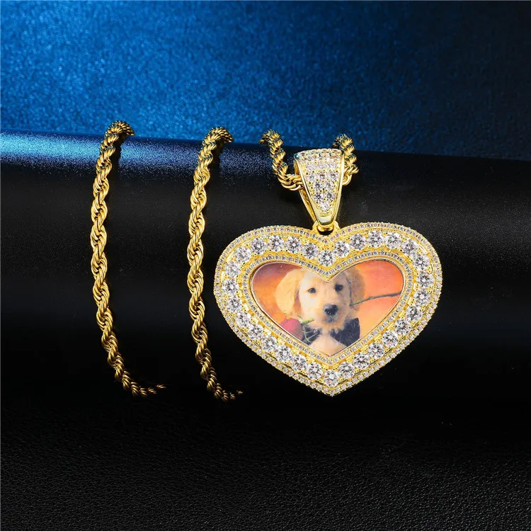 

HIPHOP cross-border European and American custom photo memory hip hop love heart-shaped photo frame pendant necklace copper, Picture shows