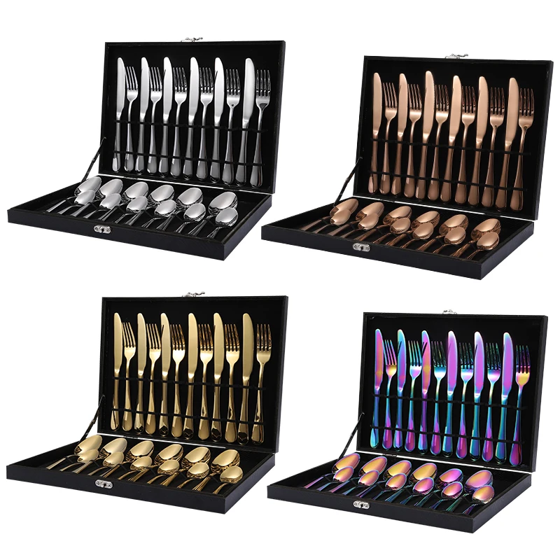 

Mirror polish stainless steel 24 or 72 pcs silver cutlery set restaurant wedding flatware set with wooden box, Silver, gold, copper, champagne, black, purple, blue