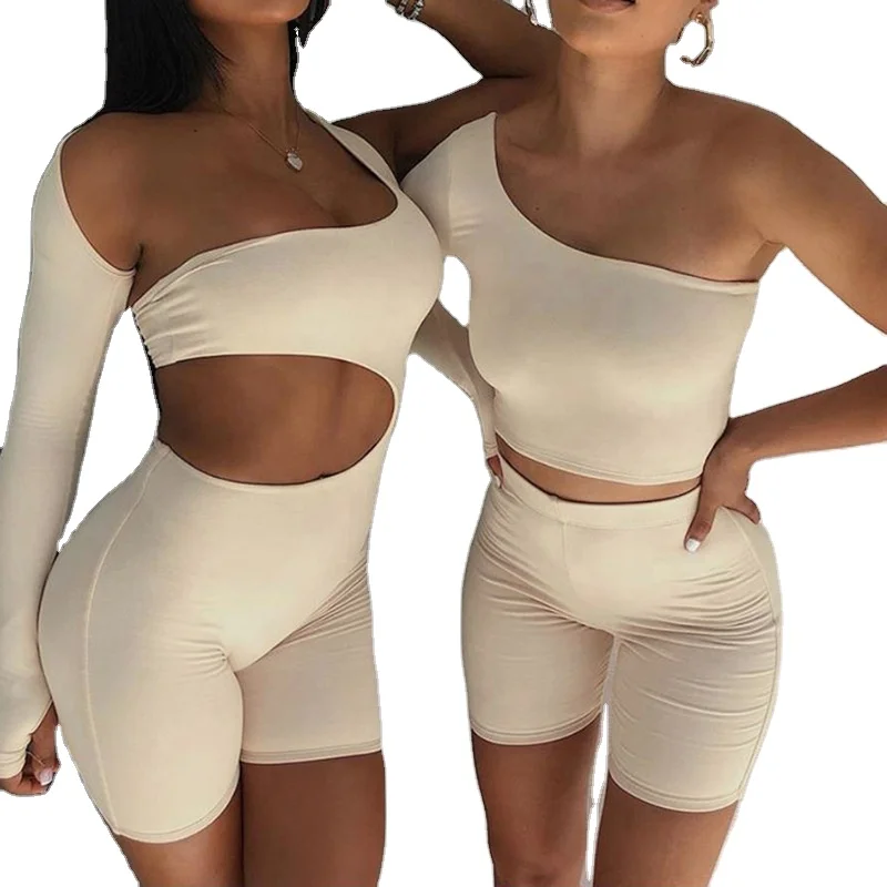 

Women Customize Solid Color Summer Fitted One Shoulder Casual Two Piece Short Set