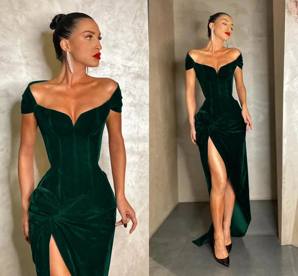 

2021 Fashion Evening Women Long Party Sexy Green Velvet Prom Dresses club dress, As picture