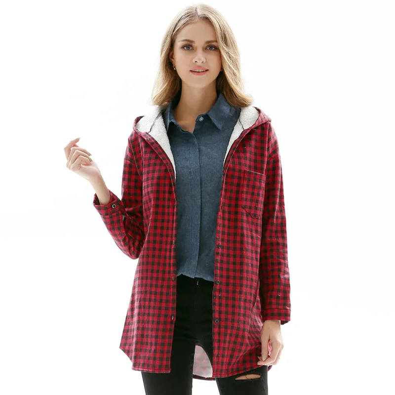 

Fashion casual hooded mid-length plus velvet plaid long-sleeved women's jacket 2020 autumn and winter plus size women's clothing