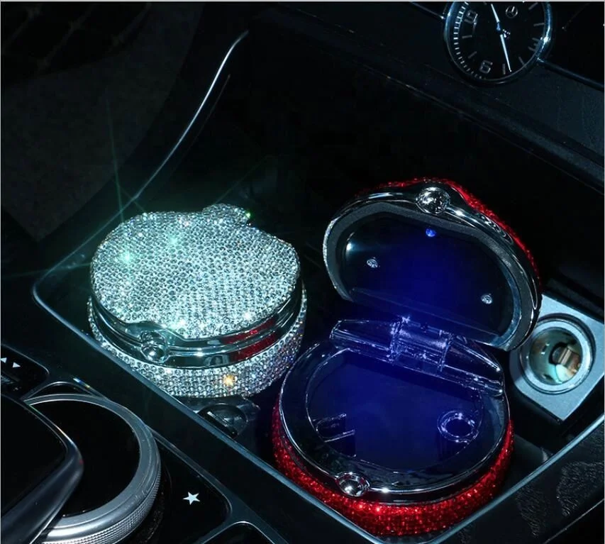 

Rhinestone Car Ashtray with LED Light Diamond Car Ashtray with Lid Car Decoration, Picture
