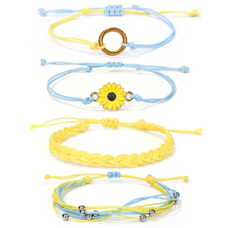 

4PCS/Set Handmade Woven Four Layers Multi-Layers Bead Boho Bohemia Braided Beaded Memory Wax Wire Daisy Charm Jewelry Bracelet