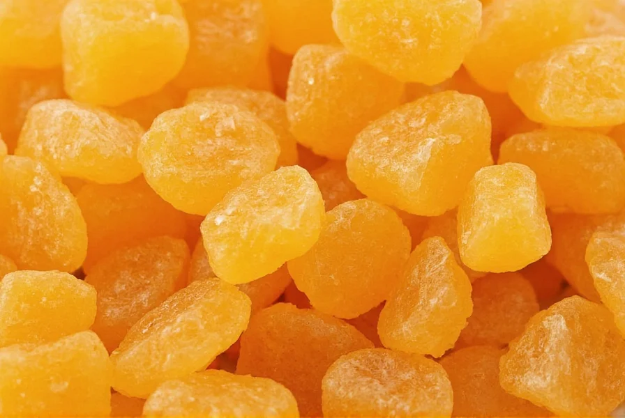 Close-up of crystallized ginger candy pieces showing natural golden color and texture
