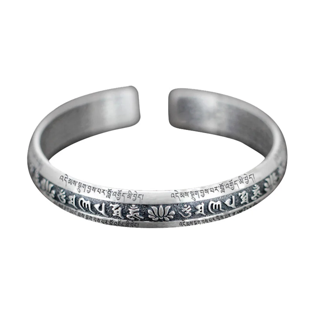 

Real 999 Pure Silver Cuff Bangle Engraved Heart Sutra Six-character Mantra Retro Lovers Men's and Women's Bracelets Open Type, Mantra heart sutra bracelet