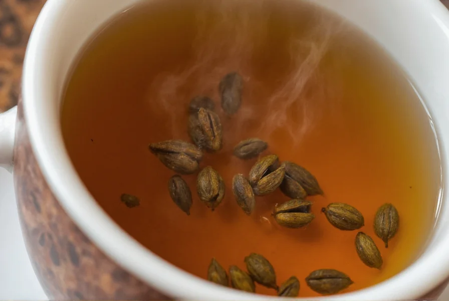 Close-up of anise seeds in a teacup with steam rising, showing the small grayish-brown oval seeds floating in golden-brown tea