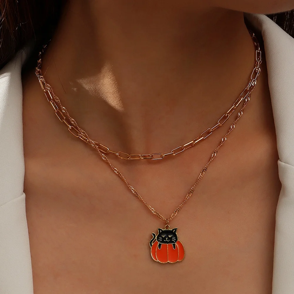 

2021 Hot Sale Fashion Kitty Pumpkin Shaped Pendant Necklace Layered Gold Plated Necklace for Women Halloween Accessory, Gold color