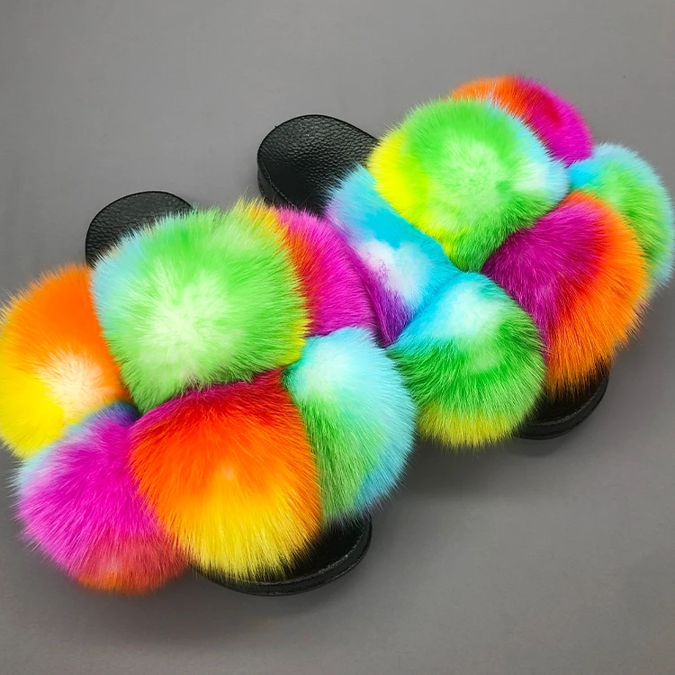 

Hot sale fashion rainbow colorful fur slides wholesale fluffy pom pom fox fur sandals slides slippers, Customized color