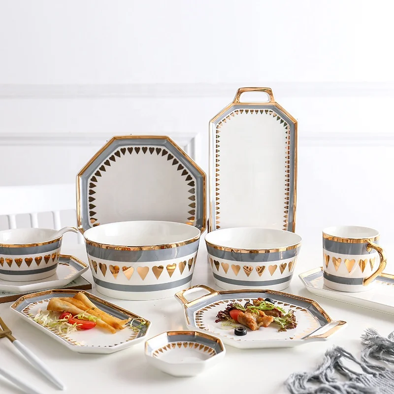 

Wholesale Oem Welcome Gold Heart Pattern Octagon Plate Dinner Set Fashion Wedding Party Dinnerware Plates And Bowls