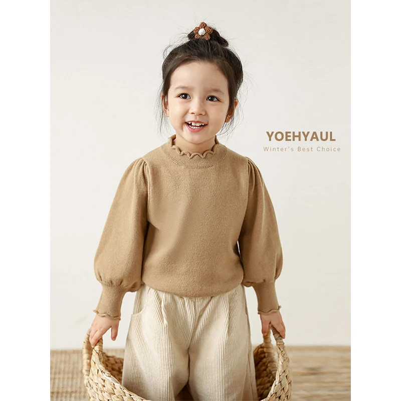 

YOEHYAUL High Quantity Girls Half Turtleneck Sweater Winter Children's Sweet and Cute Puff Sleeve Windproof Warm T-shirt