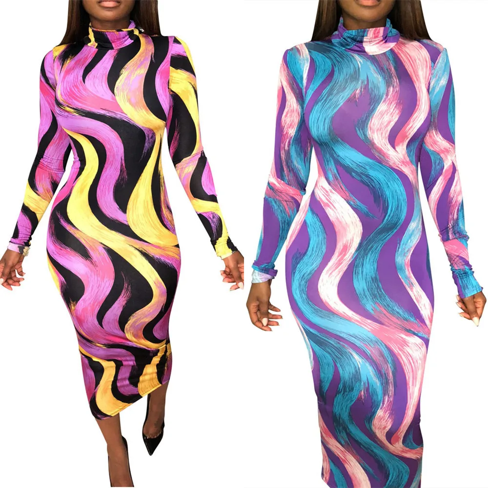 

B54135A Euro-America women new style casual long sleeve print slim dress, Shown