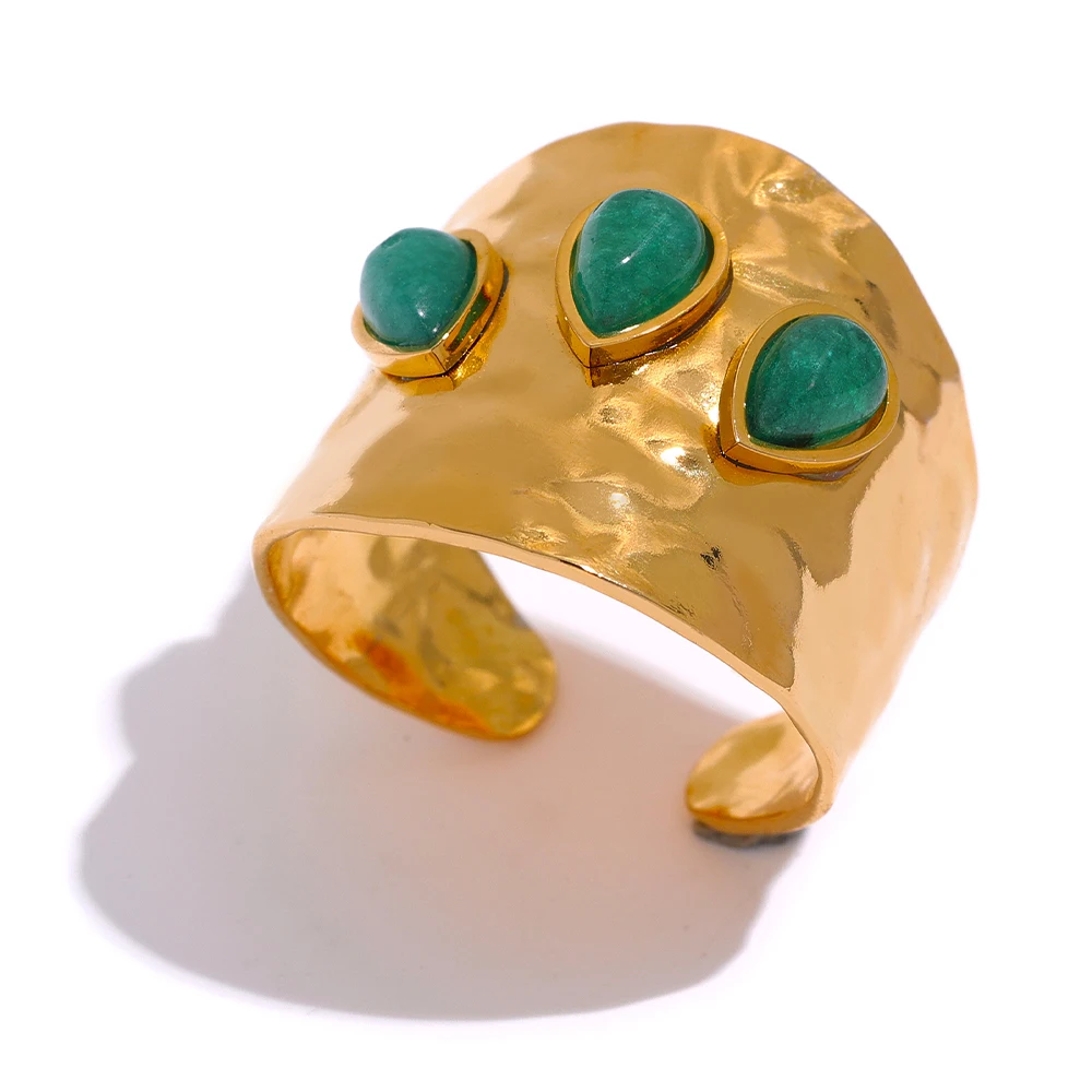 JINYOU 589 Green Natural Stone Stainless Steel 18k Gold Plated Metal Fashion Wide Ring Charm Texture Waterproof Jewelry Women