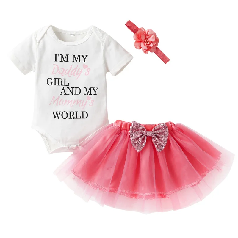 

Hot sale Summer cute Alphabet print T-shirt Tulle skirt cotton baby clothes set, As the picture shows