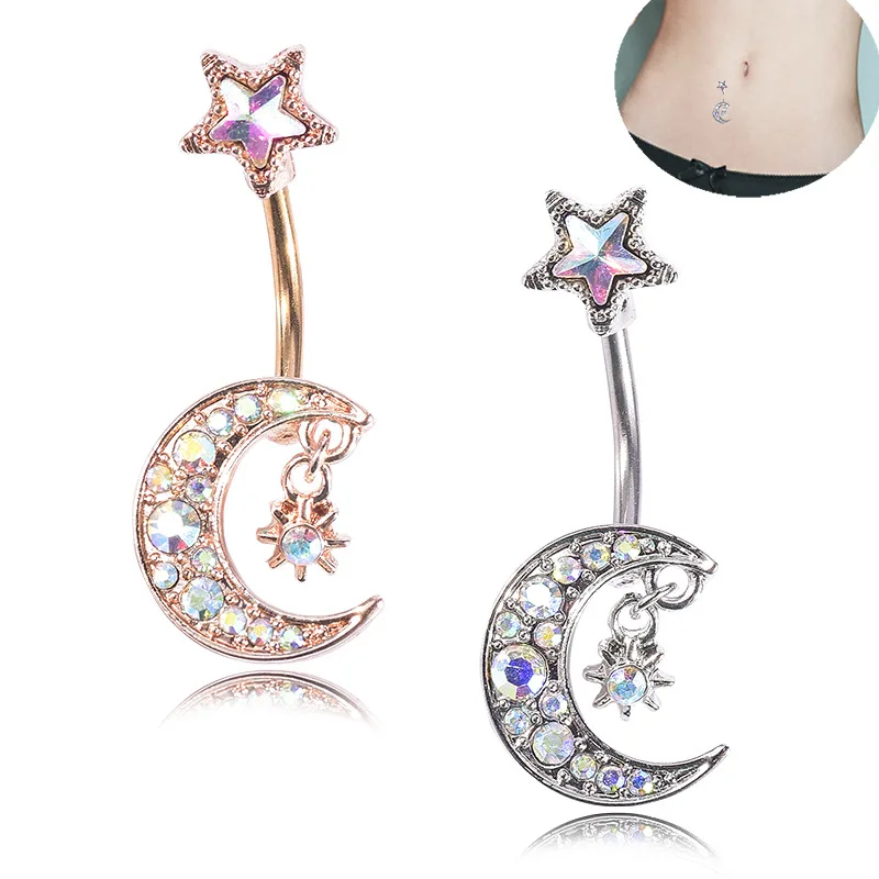 

HOVANCI Star Zircon Moon Dangle Navel Piercing Sexy Surgical Steel Belly Button Rings for Women, Silver,rose gold