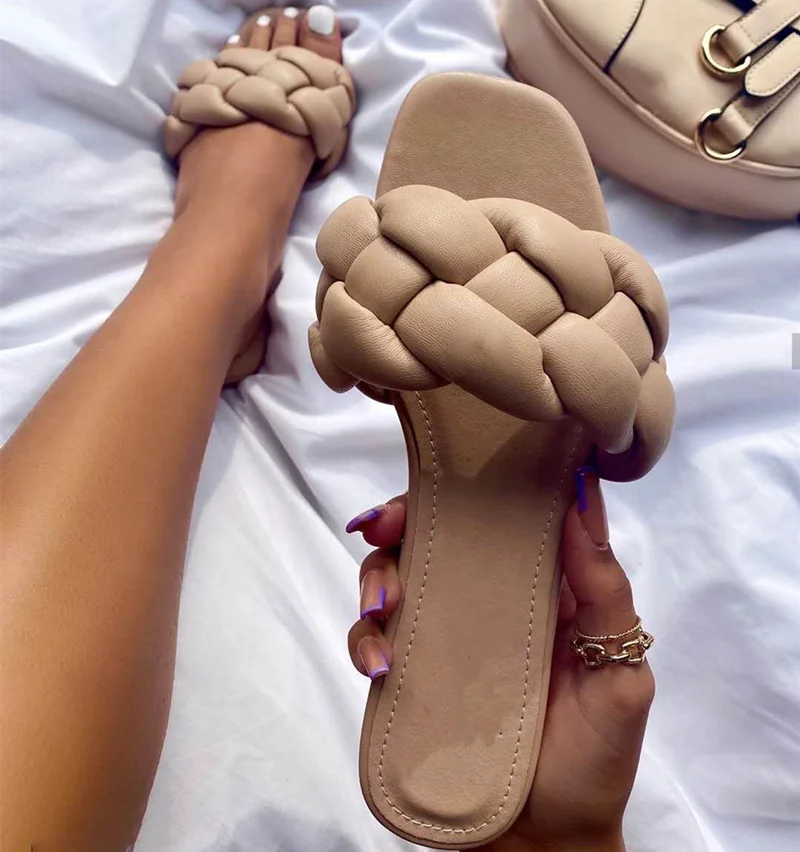 

Summer Fashion Single Knitting Band Flat Slippers Women Home Outside Slide Shoes Flip Flops Casual, Black, orange,blue,apricot