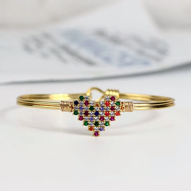 

BA1026 Fashion Jewelry Trendy colourful Heart Brass Bangle Gold plated Diamond CZ Micro Pave Copper Bangles