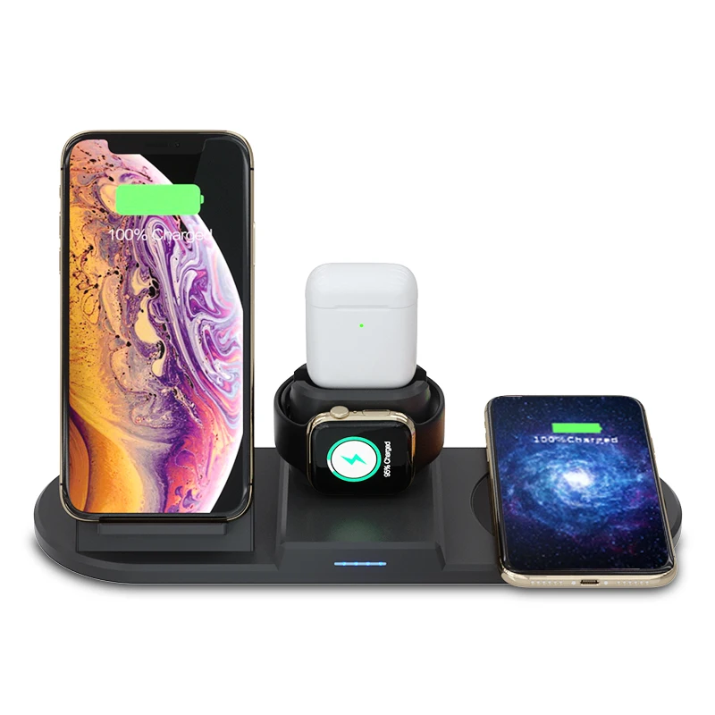 

Wholesale Mobile Phone Charge Stand 4 in 1 Foldable Stand 15W Qi Fast Charging Dock Wireless Charger For iPhone Airpods Watch, Black/white