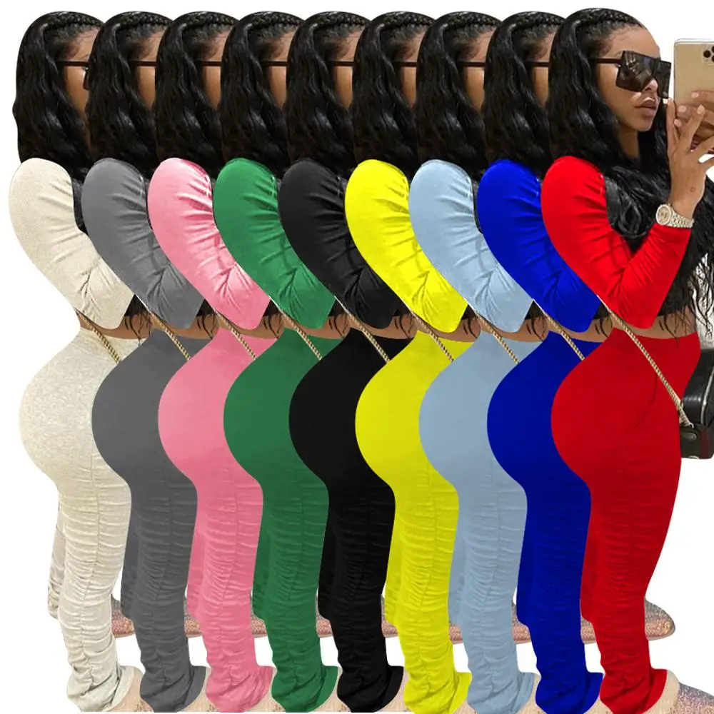 

Plus Size Women Stacked Pants 2 Piece Set Outfits Long Sleeve Women Two Pieces Set Clothing
