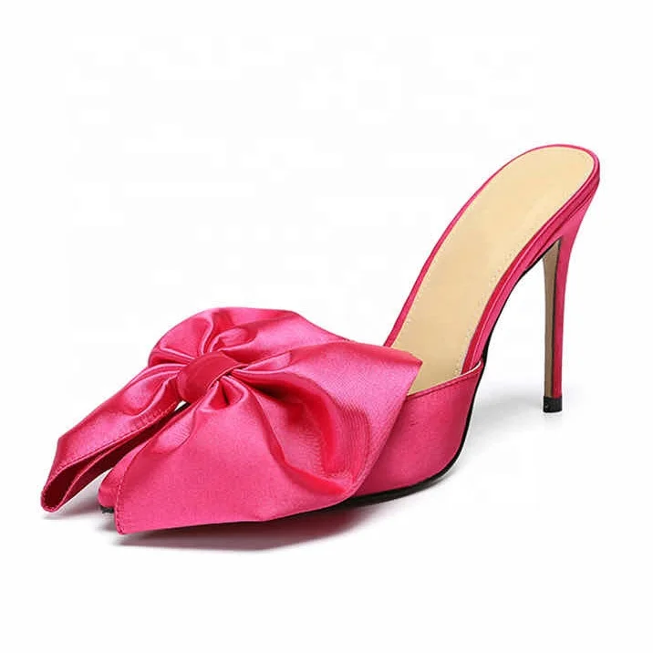 

Pink Satin Upper Big Bow-tie Ornament Plus Size 43 Pointed Toe Women Sandals Shoes Slip-on Ladies Summer Fancy Dress Shoes