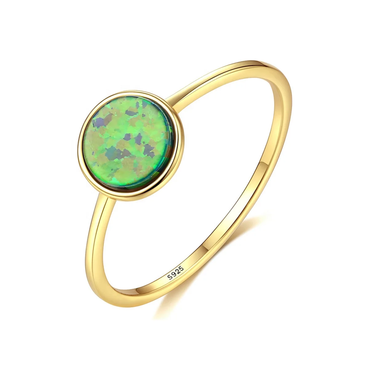 

925 Sterling Silver Gold Plated Jewelry Dainty Round Green Opal Ring for Girls