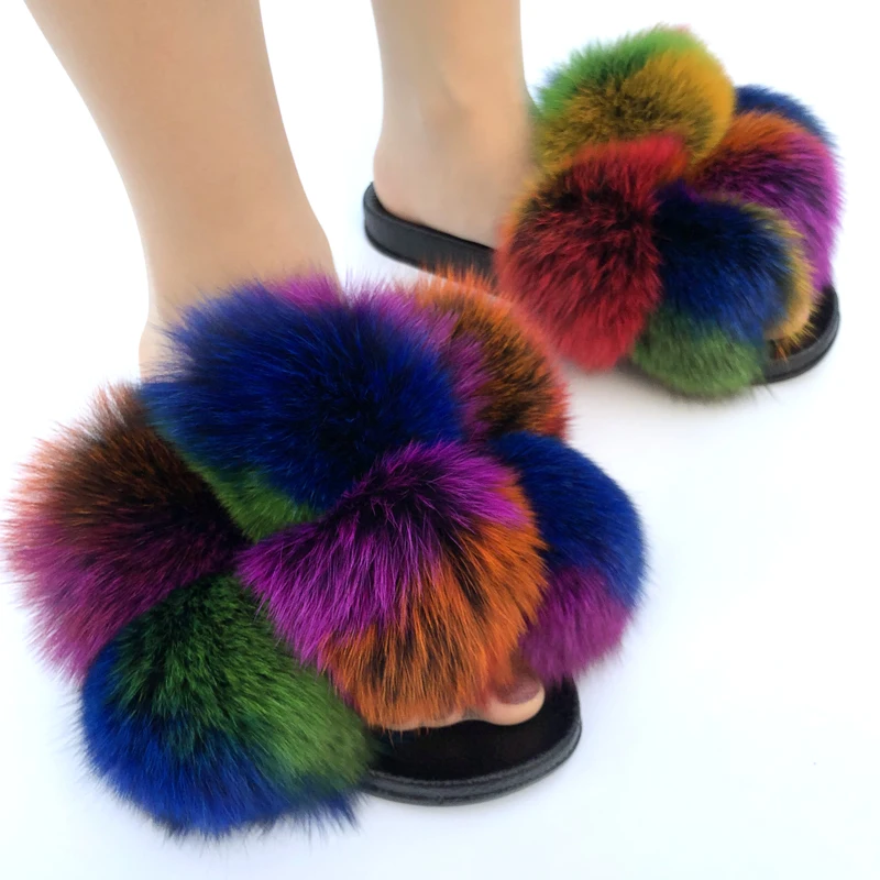 

2021 new fashion women natural raccoon fur slippers PVC sole multicolor fox fur pompom fur slides, Pink,yellow,white,black,green,or custom