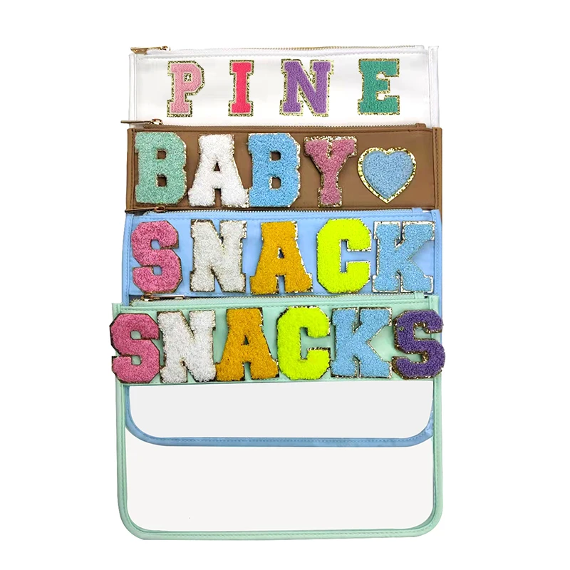 

Pine Waves New Arrive PVC Makeup Bag Baby Pink Nylon Waterproof Clear Cosmetic Bag With Custom Personalized Letter Patches, Black,white,mint green,purple,royal blue,baby pink,hot pink