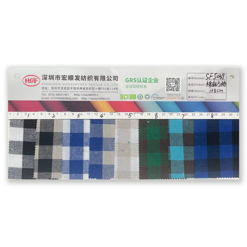Cotton Linen Yarn-dyed Square Check Pattern Slub Yarn Dyed 32Sx32S Woven Fabric for Women's Dress and Men's Shirt for Girls Boys