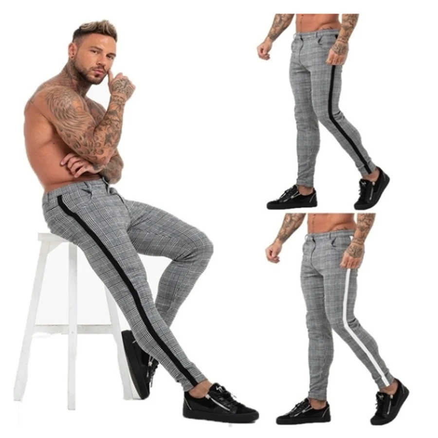 

2020 Super Comfy Stretchy White Side Stripe Check Pants Slim Fit Chinos Trousers Men, Customized colors