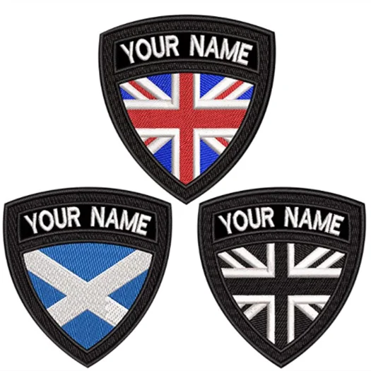 

Amazon Hot Sale Embroidered Scotland England Flag Name Tag Embroidery Patch Custom Hook & Loop For Work Shirt Bags, Custom color