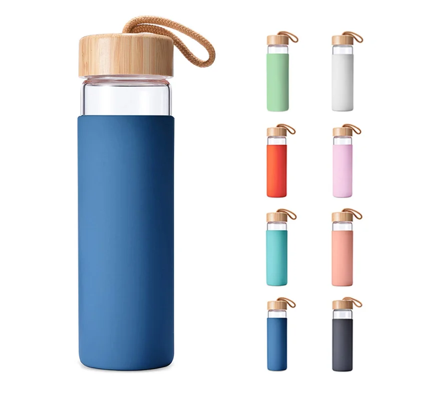 

500ML BPA-Free Dishwasher Safe Borosilicate Glass Water Bottle with Protective Silicone Sleeve and Bamboo Lid, Customized color