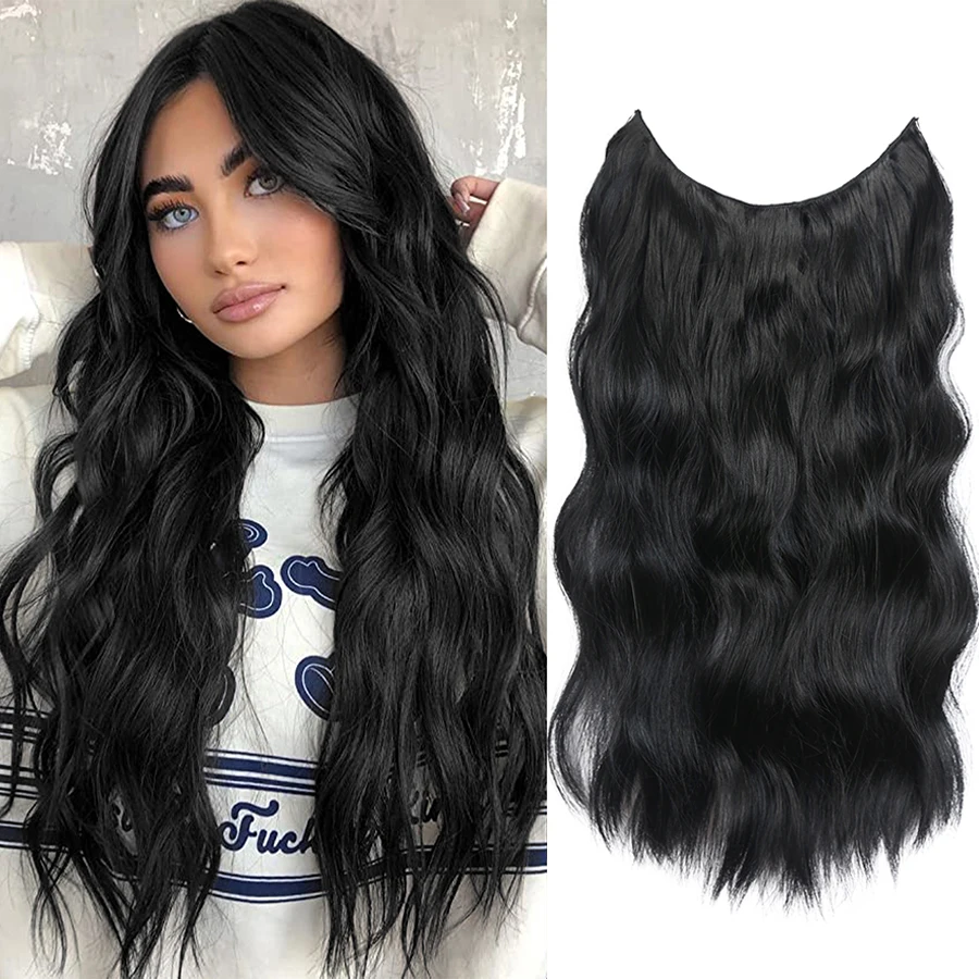 

AliLeader One Piece Thick Long Wavy Fake Hairpieces Synthetic Highlight Invisible Wire Seamless Fish Line Curly Hair Extensions