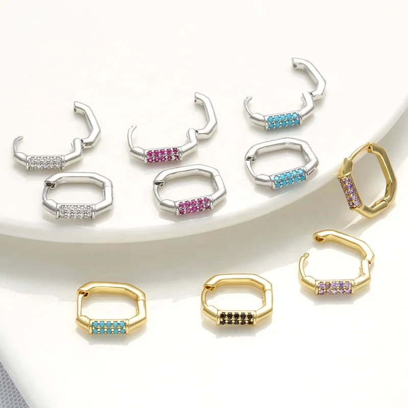

Simple gemotric rectangle 18K real gold plated micro inlay colorful bling zircon diamond cute hoop earrings for women jewelry, Gold/silver