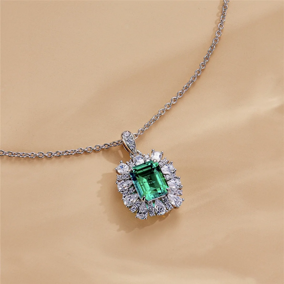 

Aimgal fine jewelry S925 silver plated 18k gold cultivated emerald necklace 2ct lab cultivated diamond pendant