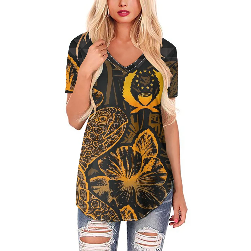 

V Neck Polynesian Pohnpei Tribal T Shirts for Women Oversize Sublimation Hawaiian Woman Ladies Summer Short Sleeve Tops 4XL