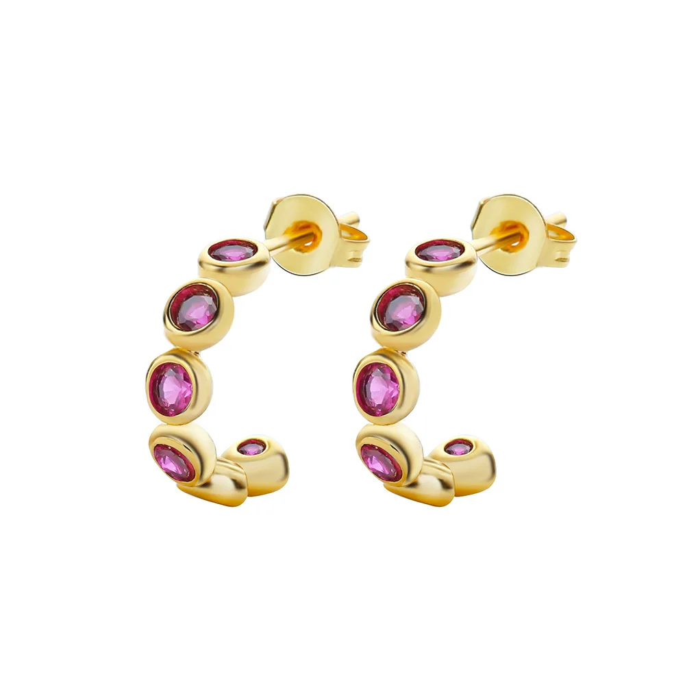 

Vintage Multiple Colors Cubic Zirconia C Shape Stud Earring Gold Plating Round Gemstone C Shaped Earring For Elegant Women