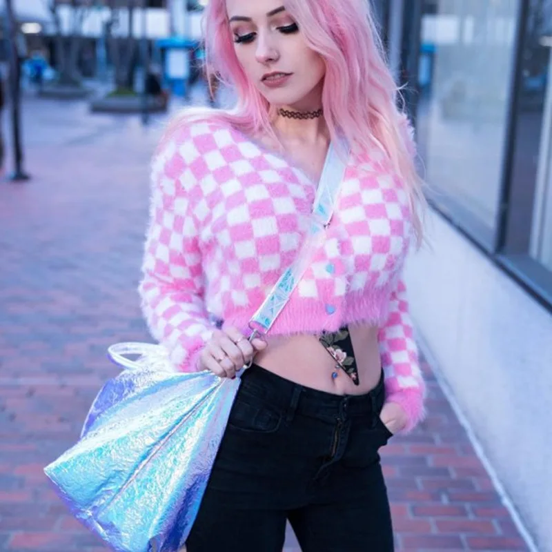 

factory custom Sugar design sweater women ins pink checkerboard mink short cropped knitted cardigan