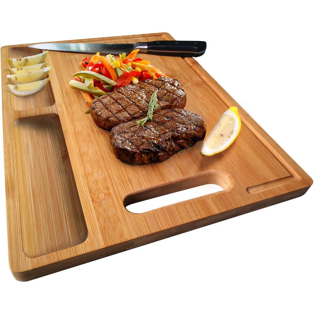 

Small Chopping Board Kitchen Bamboo Reversible Cutting Board Handle with 2 Compartments & Juice Grooves Breadboard Cheese Board