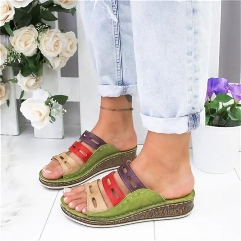 

Women's Slippers 2020 Summer Women Lady Retro Stitching ColorCasual Low Beach Open Peep Toe Sandals 3 colors Shoes Slides