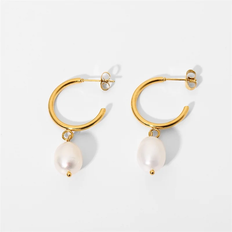 

New Product Wholesale Fashion Elegant Pearl Pendant 18K Gold Plated Stainless Steel C-shape Earrings