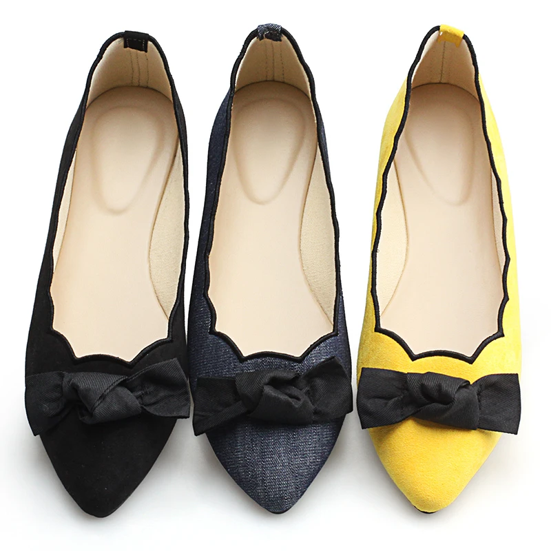 

2020 the most fashion lady wave embroidery sharpe toe with cute bow flat shoes, Denim/yellow/black