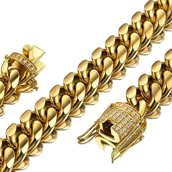 

GOLD JEWELRY 18K Gold Plated Stainless Steel Thick Miami Cuban Link Chain With Lab Diamond Clasp Men's Hip Hop Necklace Bracelet
