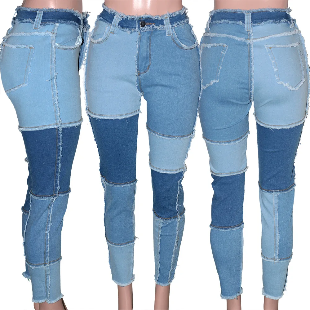 

2021 wholesale high waist women's jeans contrast stitching fringed jeans