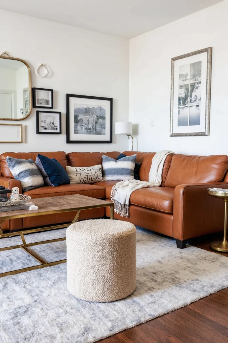 Neutral-toned living room with leather sectional