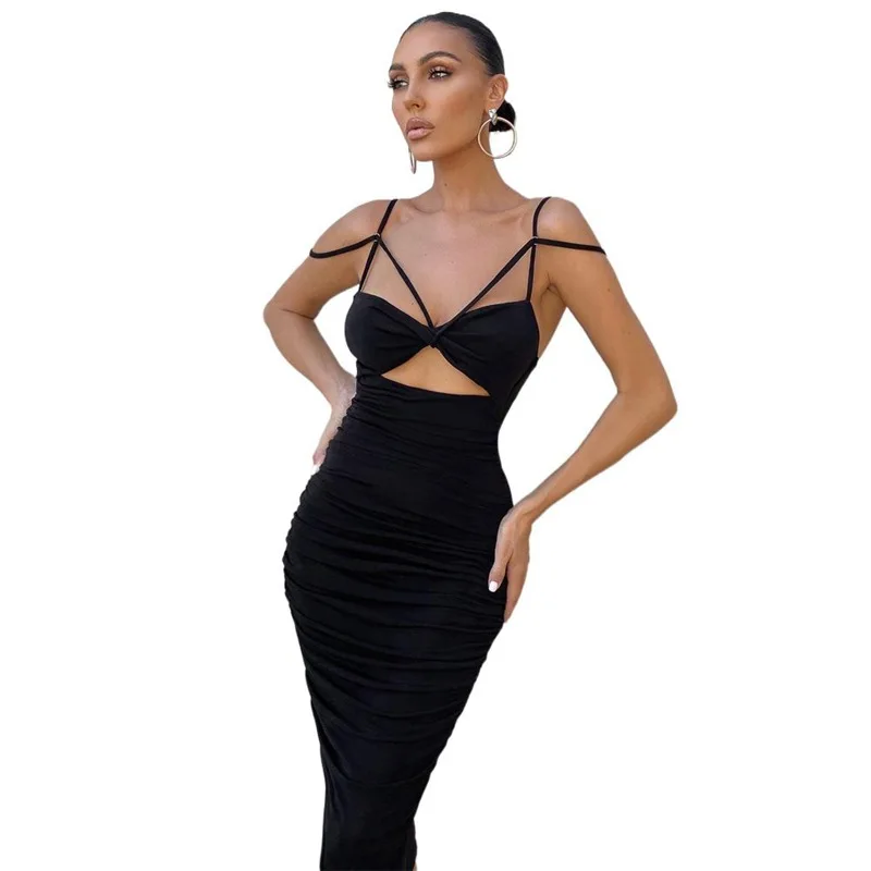 

xinyi 2021 Spring Summer New Arrivals Women's Sexy Wrapped Chest Hollow Sling Long Skirt Slim Halter Pleated Dress, Black